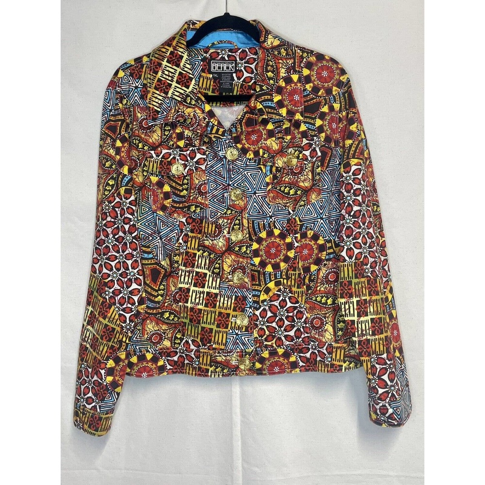 Berek 1XL Retro‎ Abstract Geometric Floral Print Gold Red Blue Button Jacket
